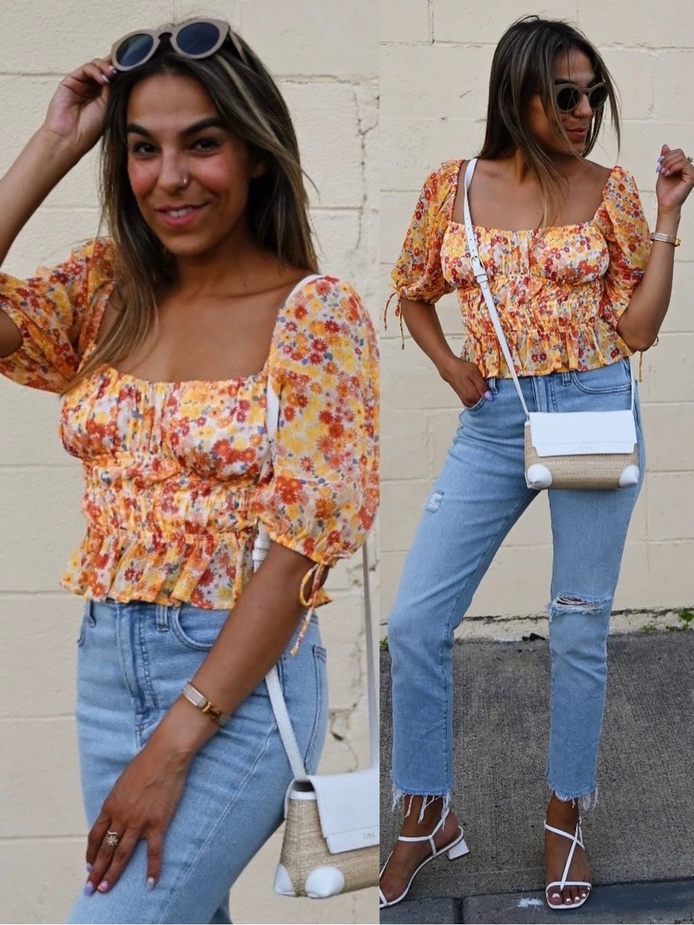 STAUD Faye Puff Sleeve Ruched Crop Top Soleil Flower Market